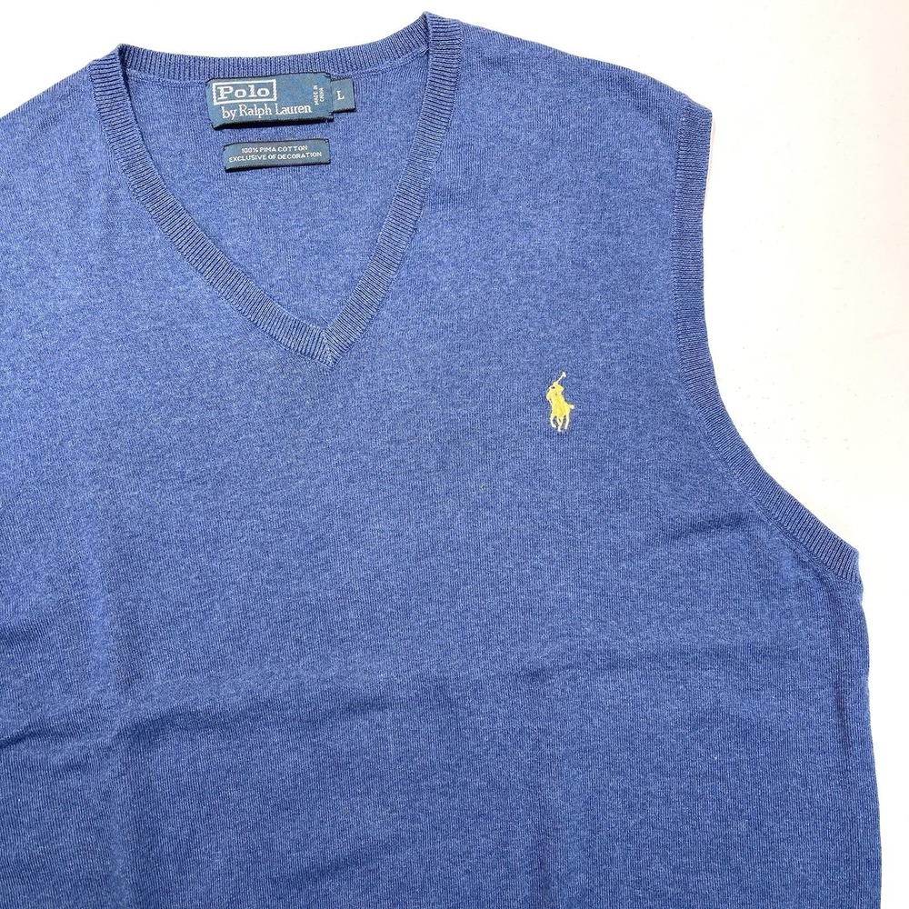 Polo Ralph Lauren Men's Sweater Vest Blue V Neck 100% Pima Cotton Large